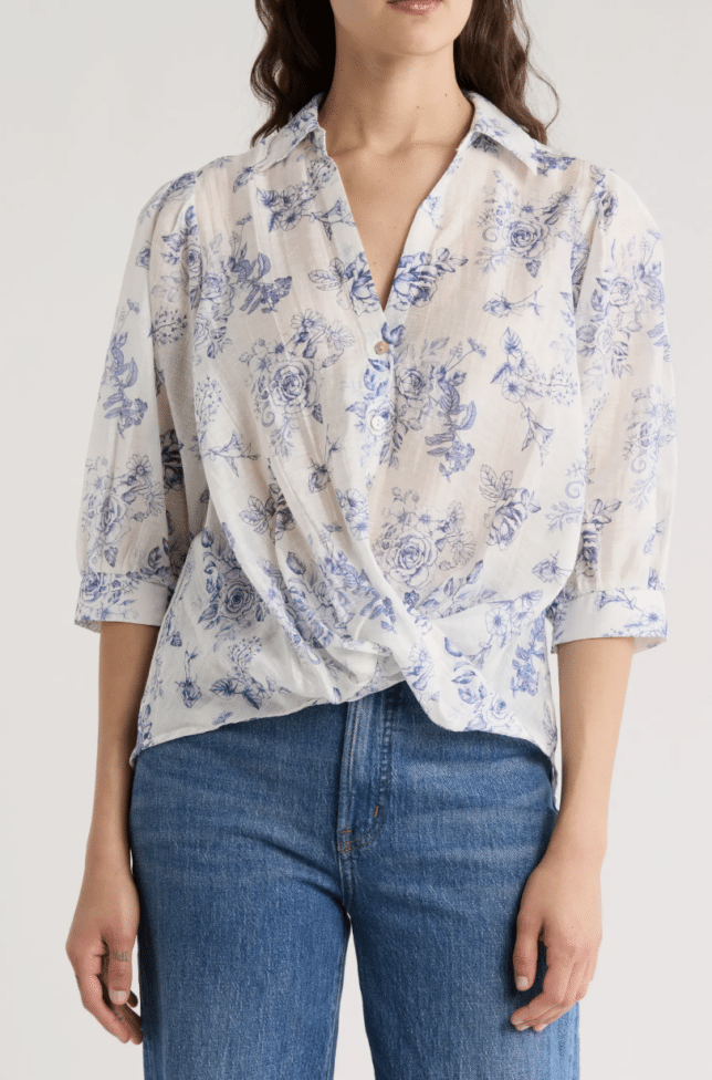 Tops with 3/4 Sleeve for Women Over 50 blue and white high low tania stephens fashion over 50